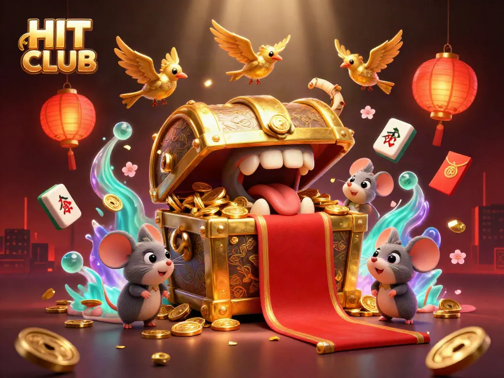 Experience the HIT CLUB excitement with colorful treasures and casino elements in a dynamic scene.