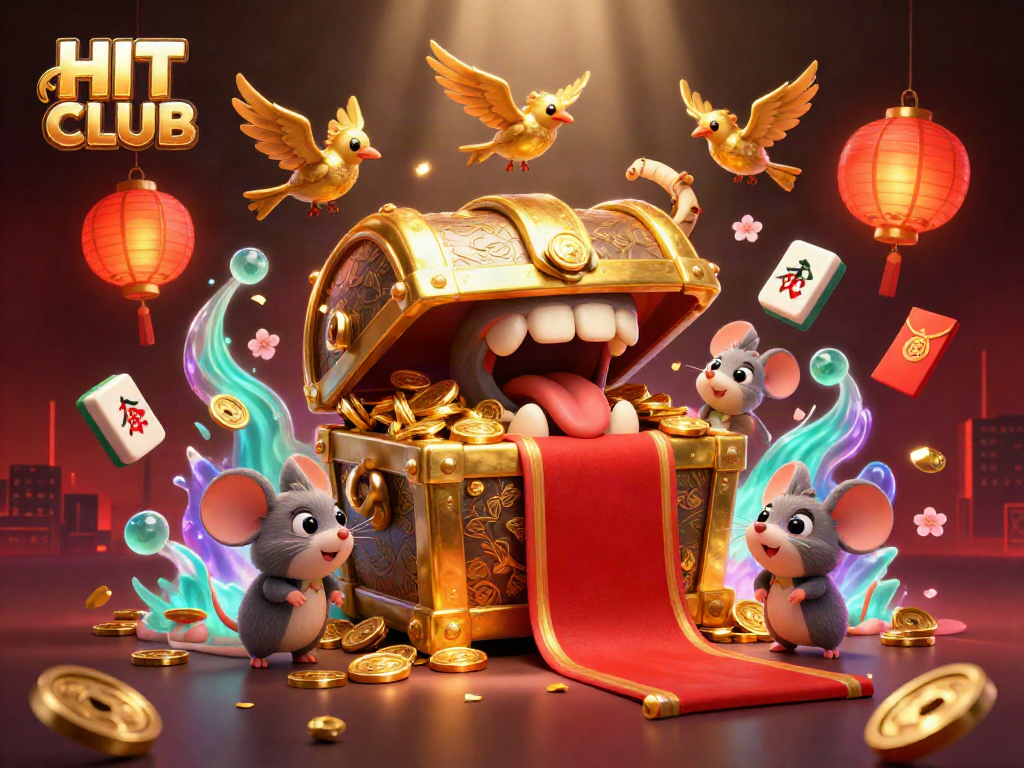 Experience the HIT CLUB excitement with colorful treasures and casino elements in a dynamic scene.