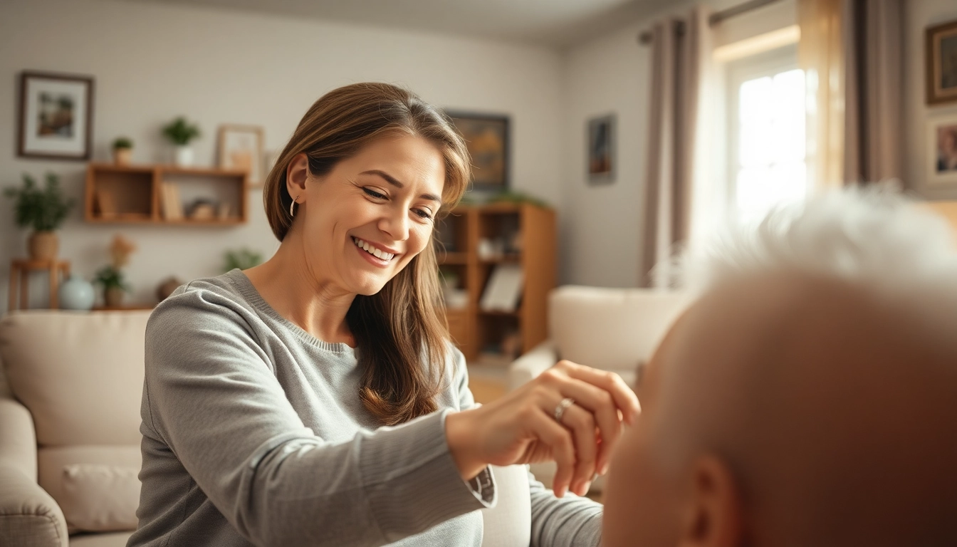 Pflegedienst Bornheim: Caring caregiver helping an elderly person in a warm home setting.
