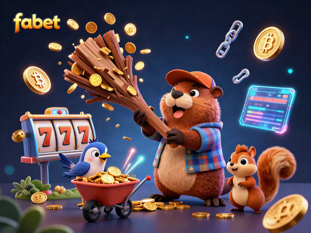 Engaging scene of the fabet casino with a beaver chopping a tree raining gold coins, surrounded by gaming elements.