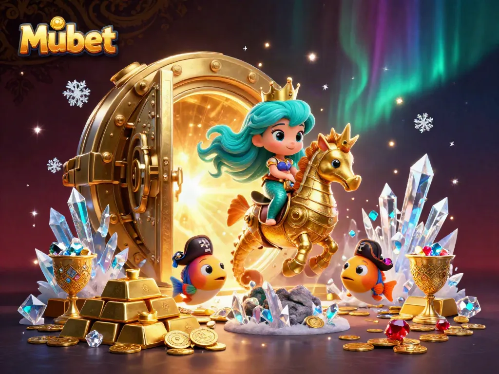 Mubet showcases a vibrant scene with cartoon characters winning treasures in a playful underwater casino environment.