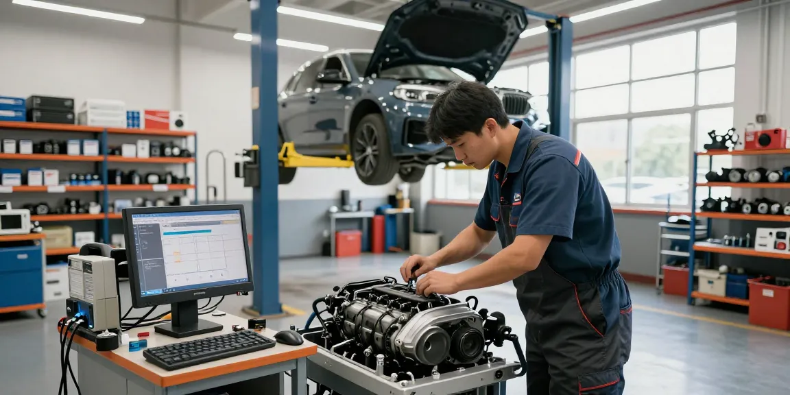 BMW Werkstatt Hannover: Mechaniker bei der Inspektion von BMW Motoren in einer professionellen Werkstatt.