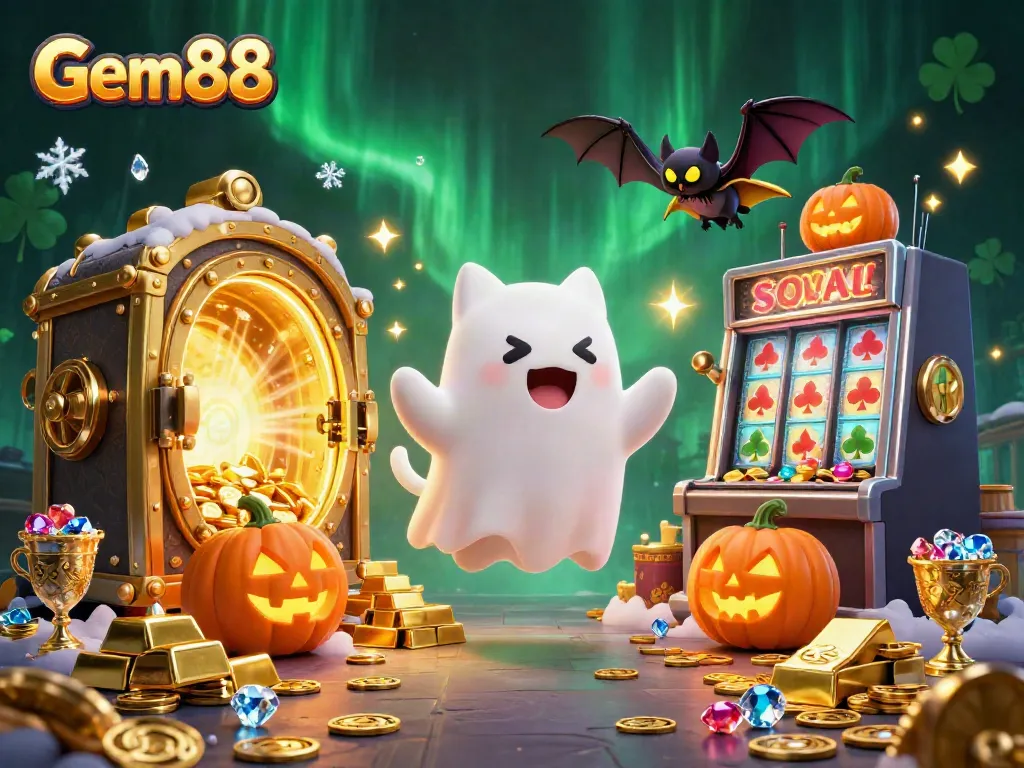 Engage with Gem88's thrilling online casino experience featuring a ghost cat and fortune.