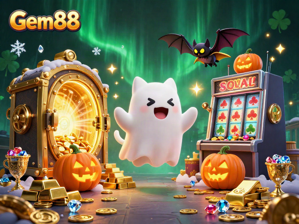 Engage with Gem88's thrilling online casino experience featuring a ghost cat and fortune.
