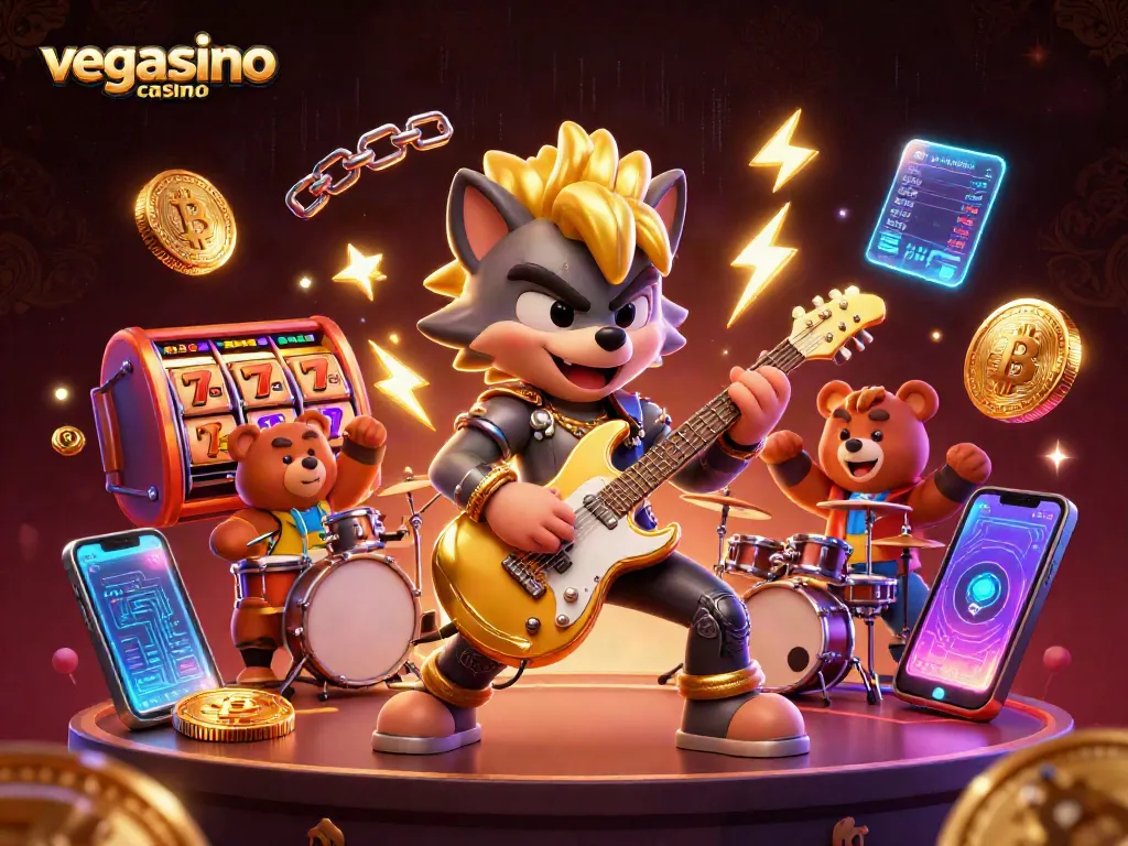Experience the excitement of vegasino casino with a rock star wolf and drummer bear on stage.