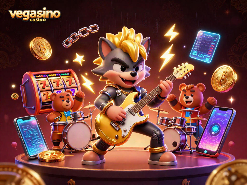 Experience the excitement of vegasino casino with a rock star wolf and drummer bear on stage.