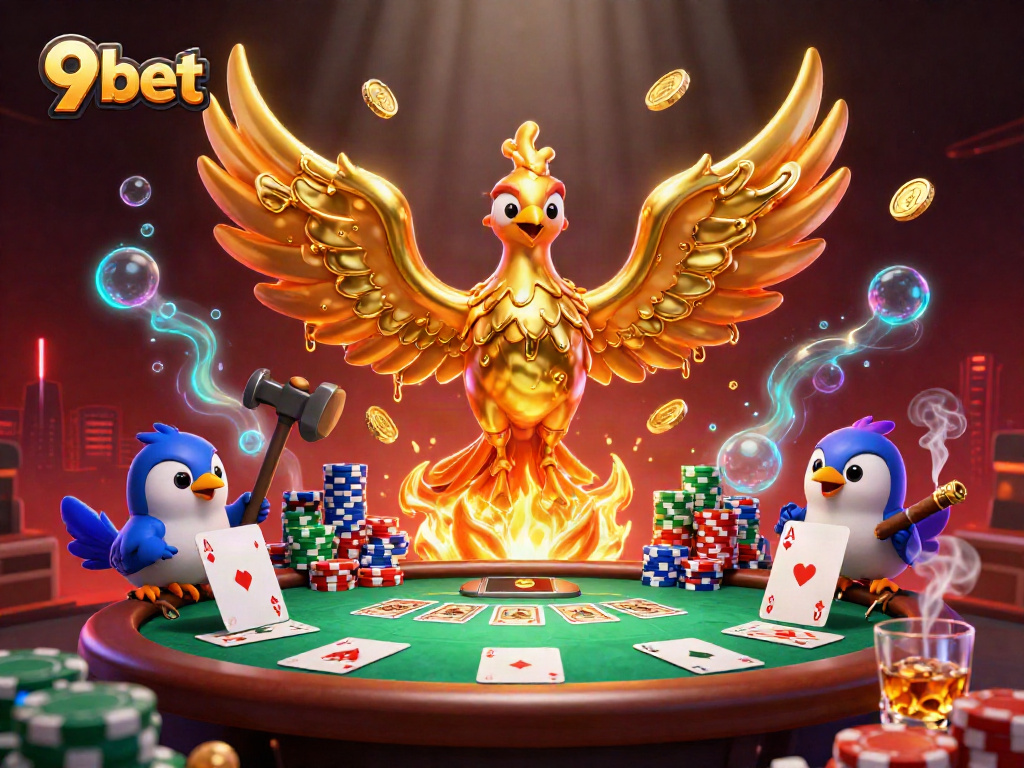 Experience thrilling 9 bet gameplay with a golden phoenix, poker elements, and immersive casino design.