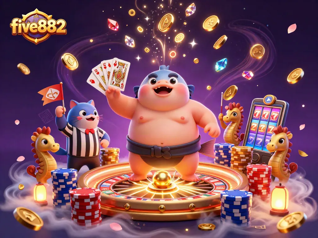 Spin and win at five882 with a vibrant 3D illustration featuring casino-themed characters and elements.