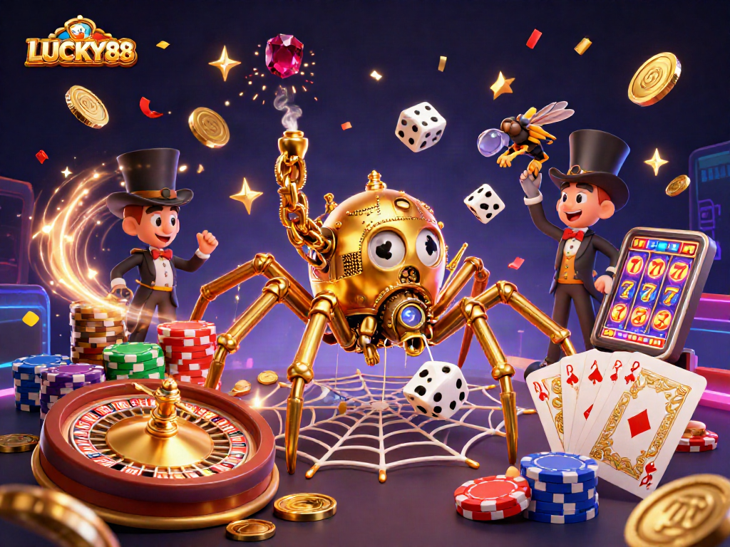 Spin and win with LUCKY88 in a lavish 3D casino scene of fortune and excitement.