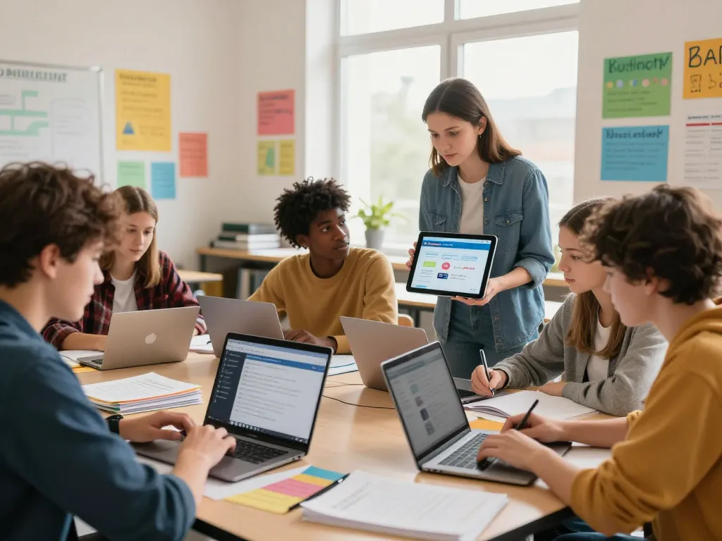 Studenten nutzen Hausaufgaben KI kostenlos in einem hellen Klassenzimmer und arbeiten gemeinsam an den Hausaufgaben.