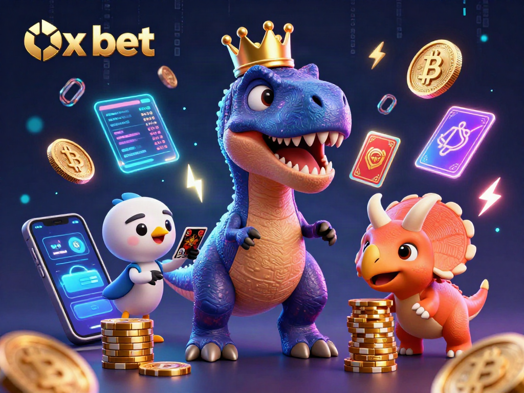 Engage with Ox bet at a dynamic casino scene featuring a T-Rex and friends with chips.