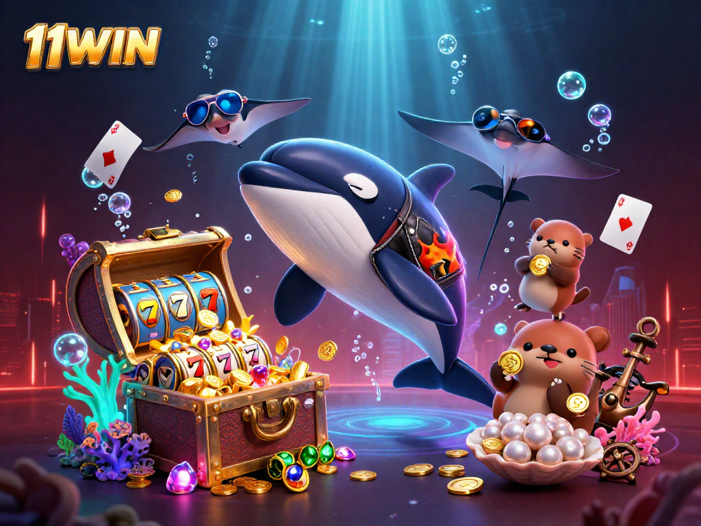 Experience thrilling wins at 11WIN with a dynamic illustration of sea creatures enjoying a lucrative gaming world.
