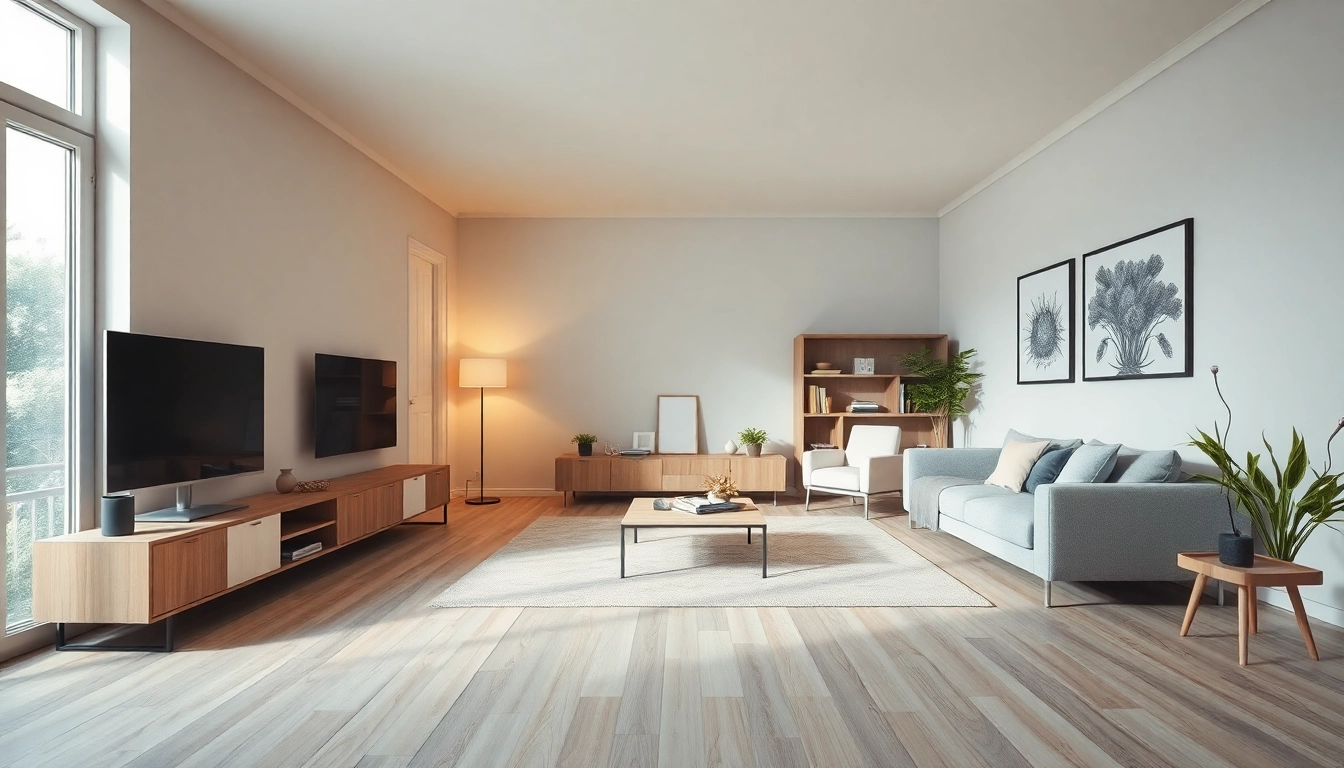 3D Visualisierung eines stilvollen Wohnraums mit warmem Licht und minimalistischem Design