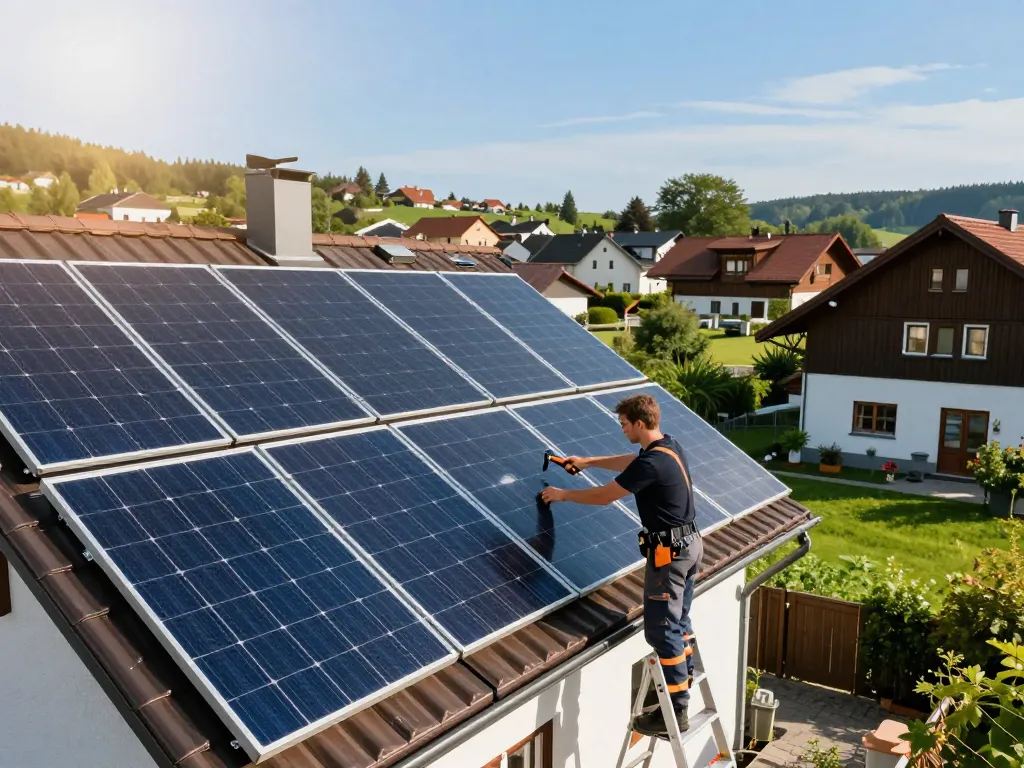 Installation von Photovoltaik Bayern durch einen Techniker an einem bayerischen Haus, das Solarpanels und umweltfreundliche Praktiken zeigt