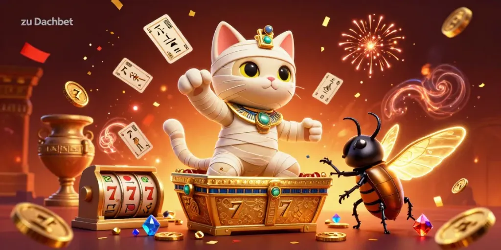 Das Casino Erlebnis zu Dachbet zeigt eine ägyptische Mumie und einen Skarabäus in einem dynamischen Spielautomaten-Szenario.