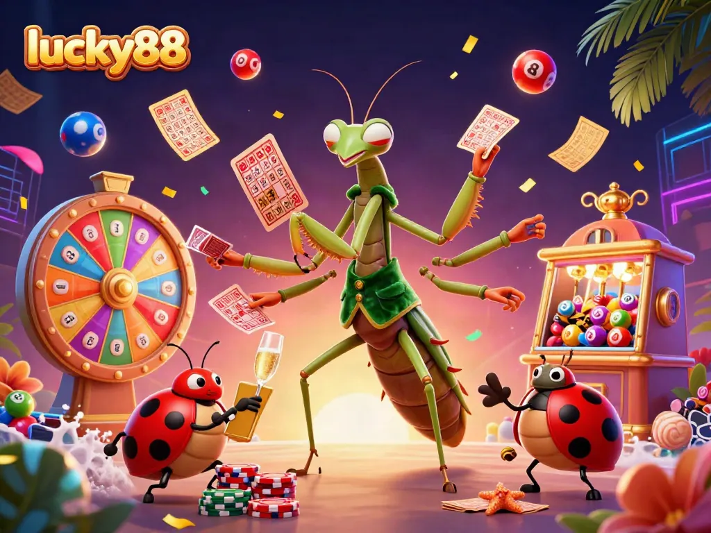 Experience the excitement at lucky88 with dynamic lottery and casino games amidst colorful visuals.
