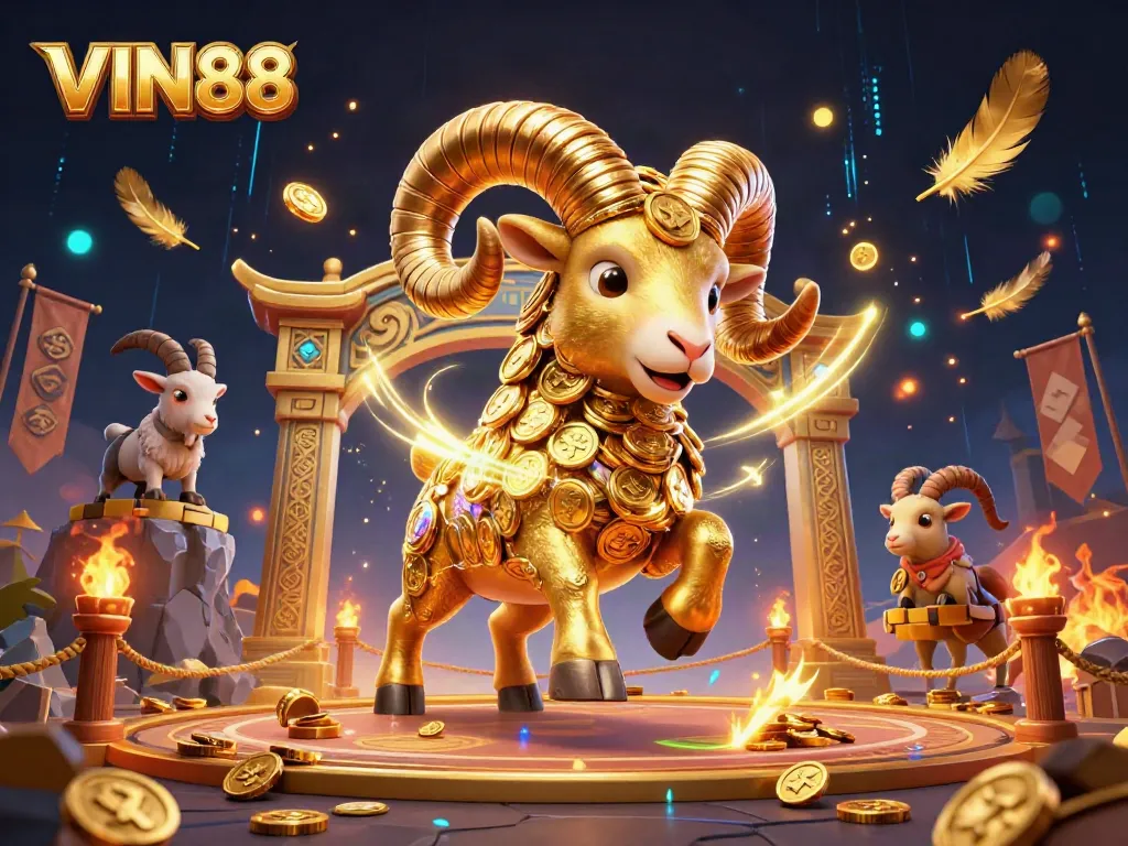 Experience the excitement of VIN88 with a dynamic illustration featuring a golden ram charging through a vibrant casino scene.