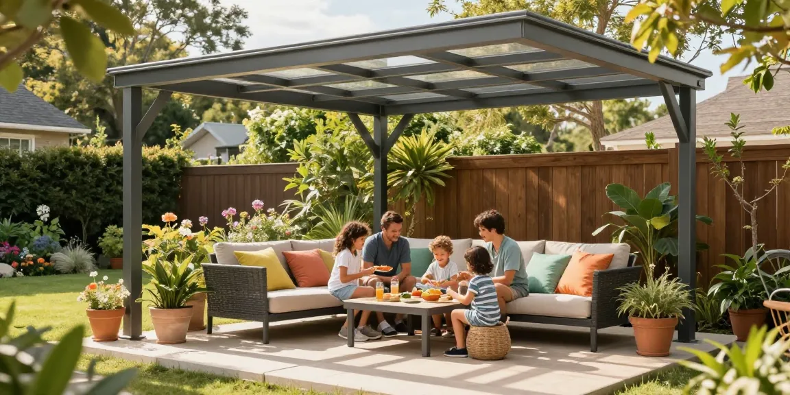 Terrassenüberdachung im modernen Design mit Familie, die im Garten speist.