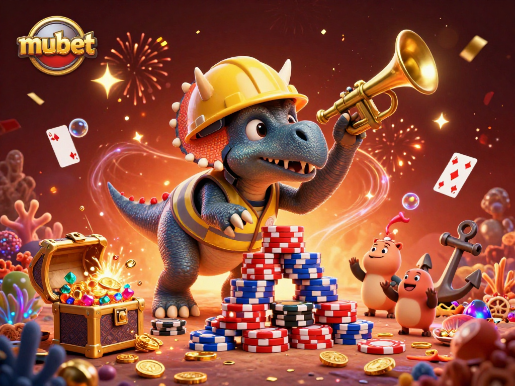 Mubet players engaging in poker chip stacking celebration with cheerful dinosaur characters.