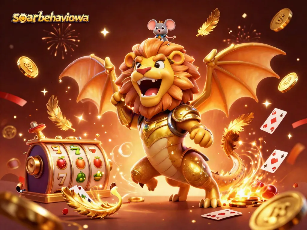 Engage with soarbehaviorwa's vibrant casino scene featuring a roaring chimera and slot reels.