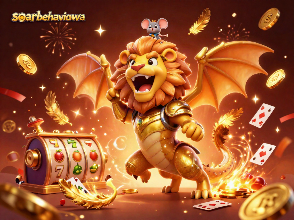 Engage with soarbehaviorwa's vibrant casino scene featuring a roaring chimera and slot reels.
