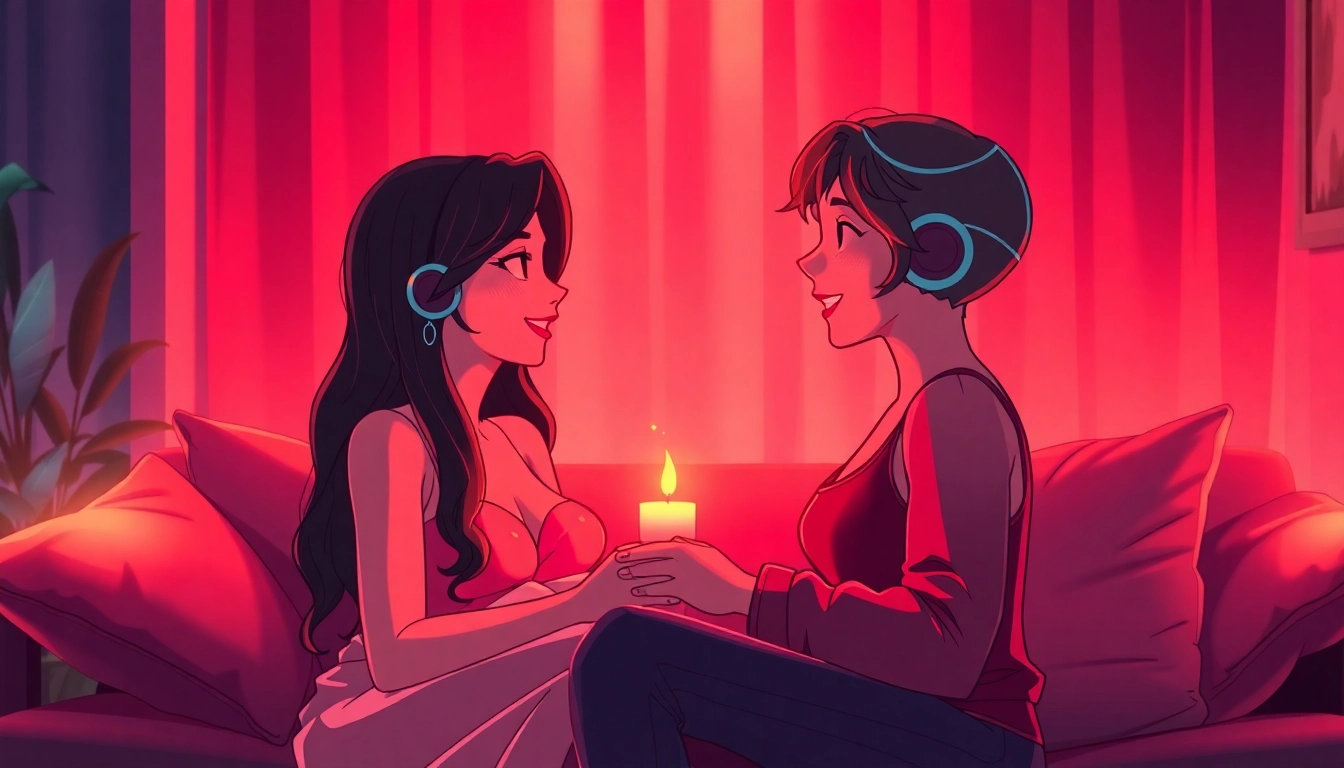 Engaging porn AI chat characters in a cozy digital space, showcasing intimacy and playful interaction.