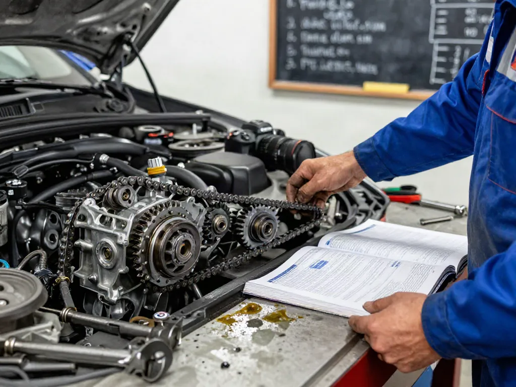Steuerkette wechseln Hannover in einer Werkstatt mit Mechaniker und BMW-Motor.
