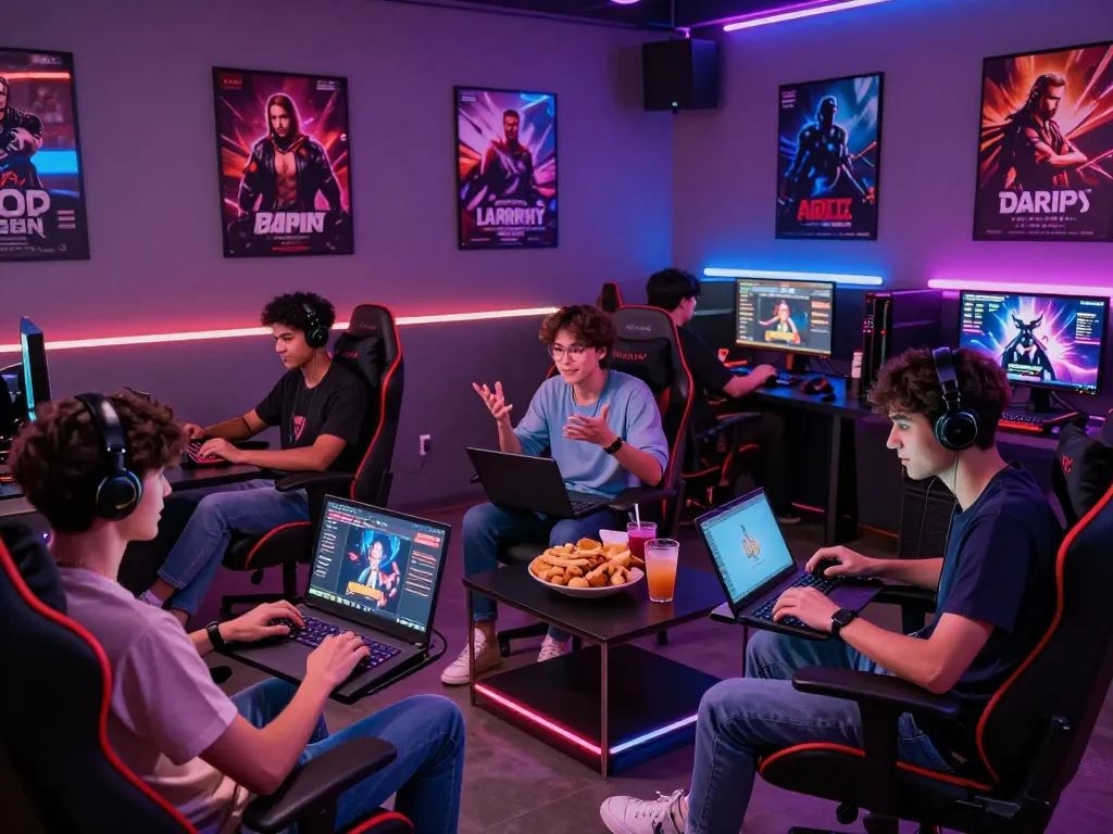 Engaged gamers enjoying a sex game online in a vibrant gaming lounge environment, showcasing the excitement of adult gaming.