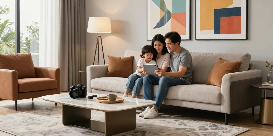 Gemütliches Familientreffen in einem modernen Wohnzimmer mit Möbeln aus dem Möbelshop online