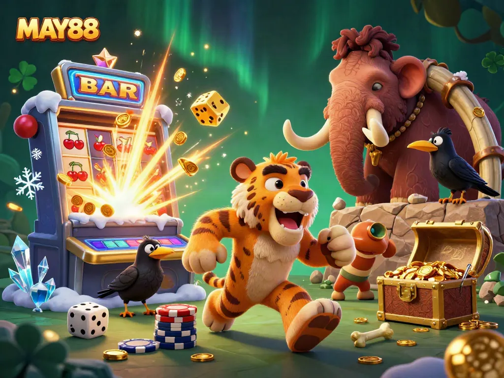 MAY88 enhances gaming excitement with a dynamic prehistoric casino scene featuring thrilling jackpots and colorful elements.