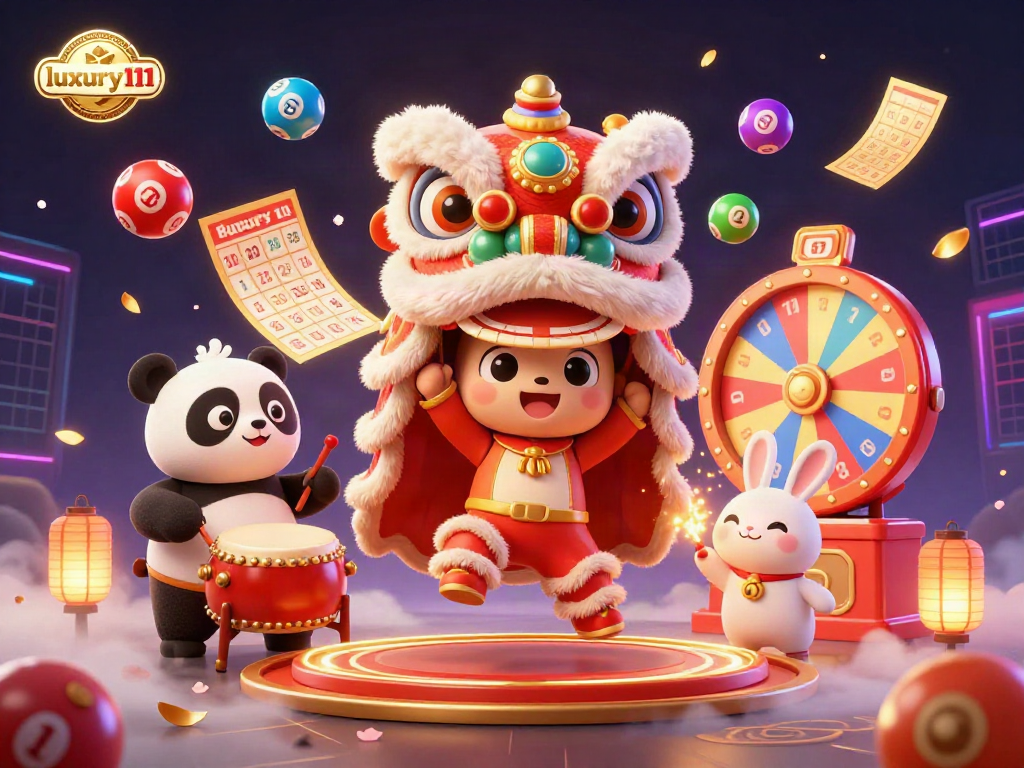 Engage with luxury111 in this vibrant 3D casino illustration showcasing a lion dance, drumming panda, and dynamic lottery elements.