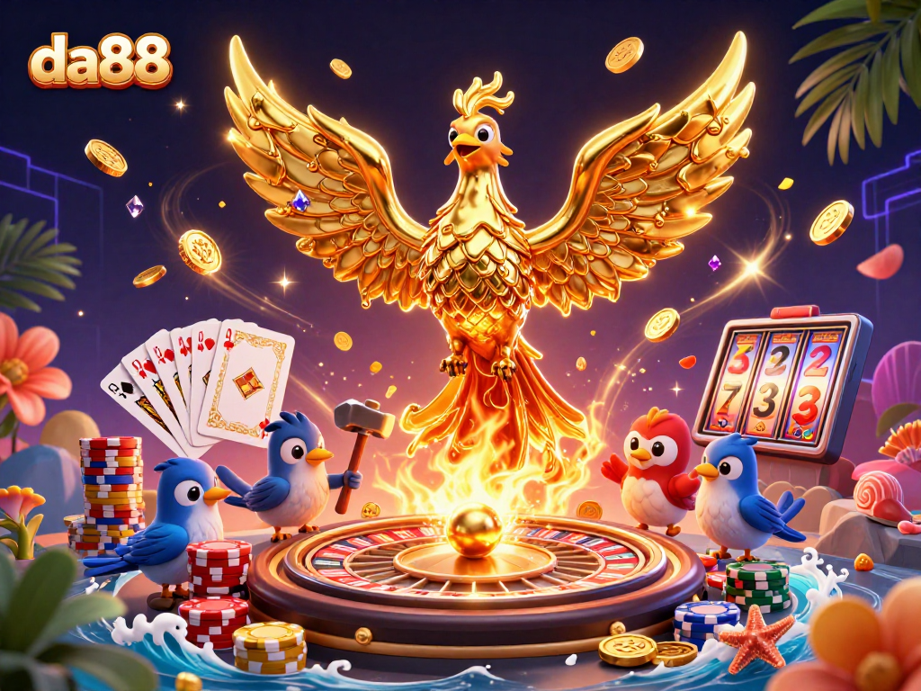 Experience the thrill at da88 with golden coins and vibrant casino elements in an exhilarating scene.