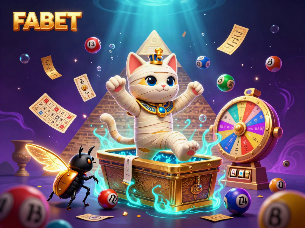 FABET features an Egyptian mummy cat and a scarab beetle in a vibrant casino setting, showcasing thrilling gambling elements.