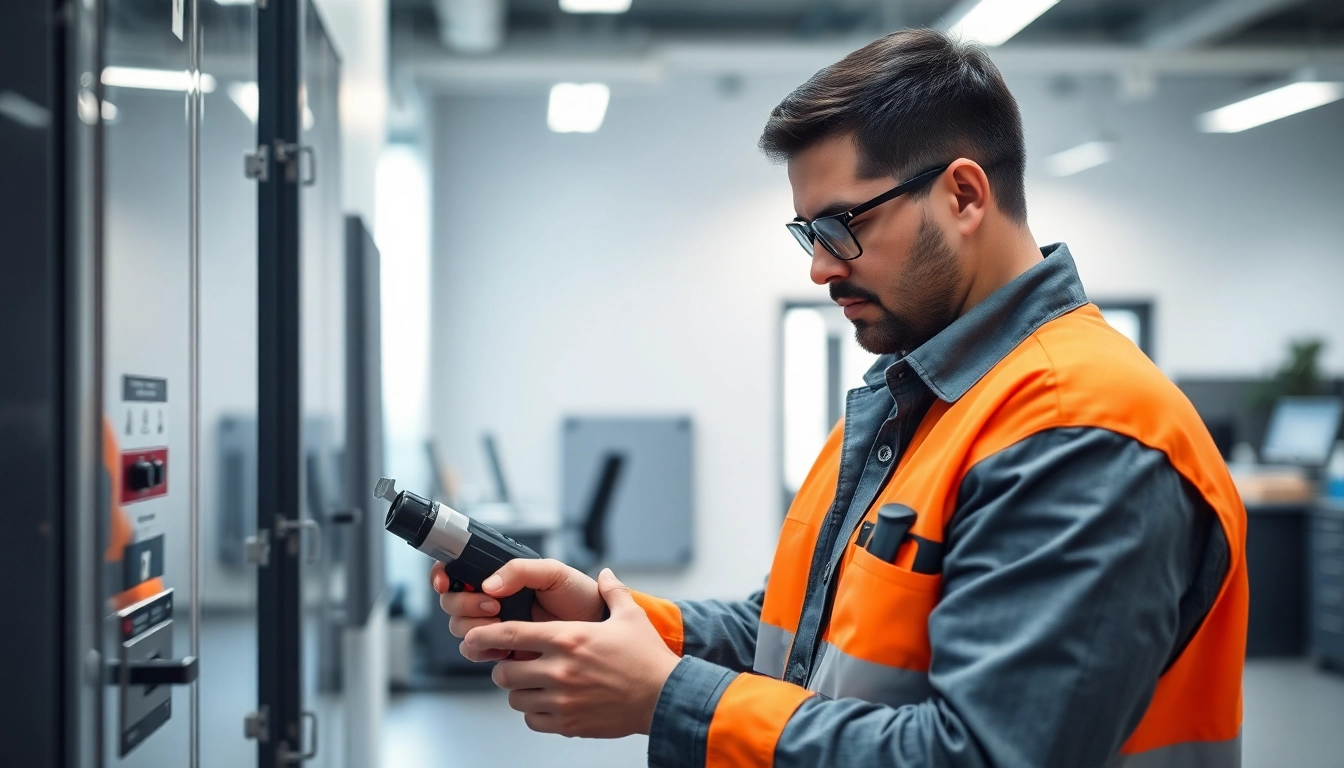 Technician performing a DGUV V3 Prüfung on electrical devices for workplace safety.