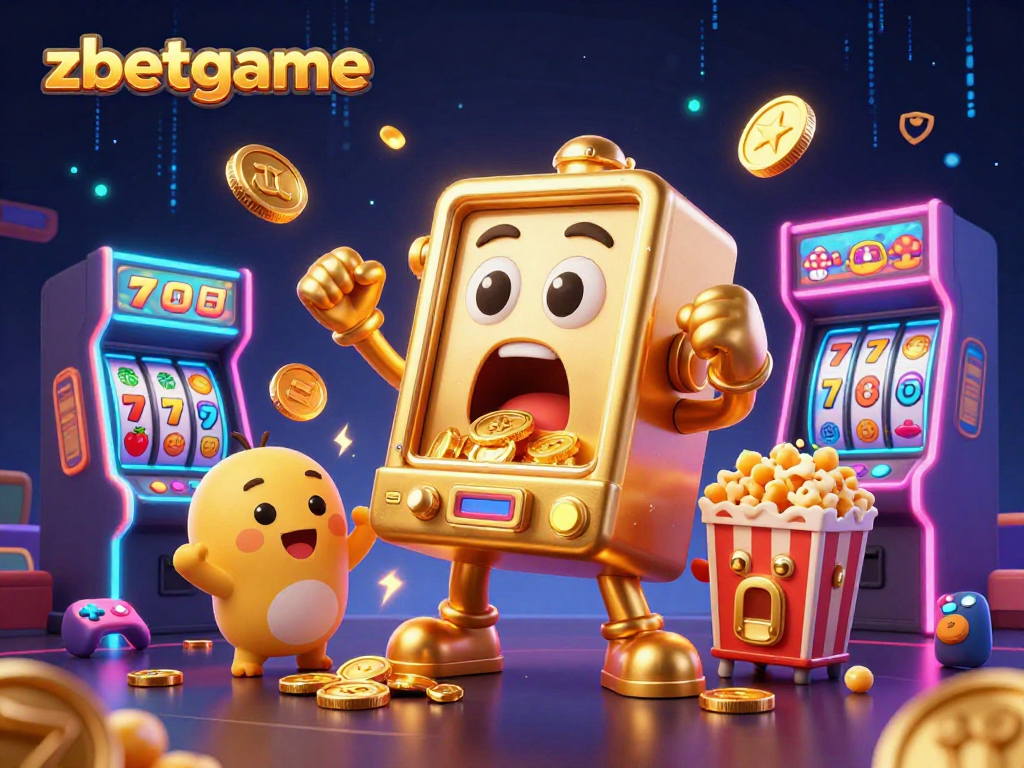 Experience the excitement at zbetgame with a vibrant golden slot machine celebrating a jackpot surrounded by cheering baby slots and gaming elements.