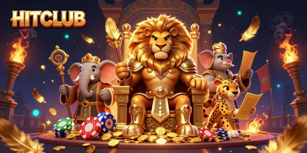 HITCLUB showcases intense gaming action with fierce lion king and wise elephant in vibrant casino setting.