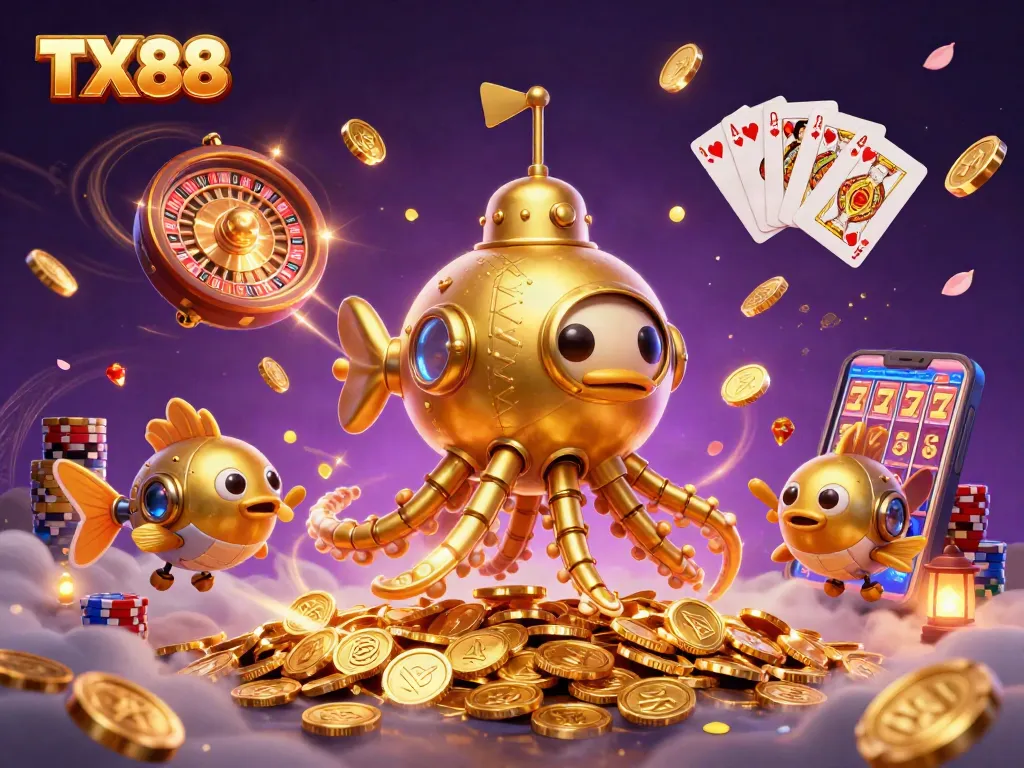 Engage with TX88's thrilling games featuring golden kraken submarine and vibrant casinos.