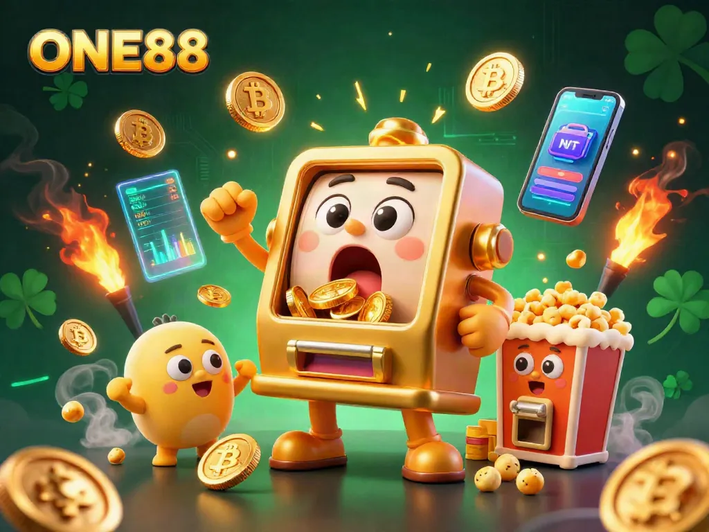 ONE88 slot machine hitting jackpot with coins, sports betting elements, and vibrant casino background.
