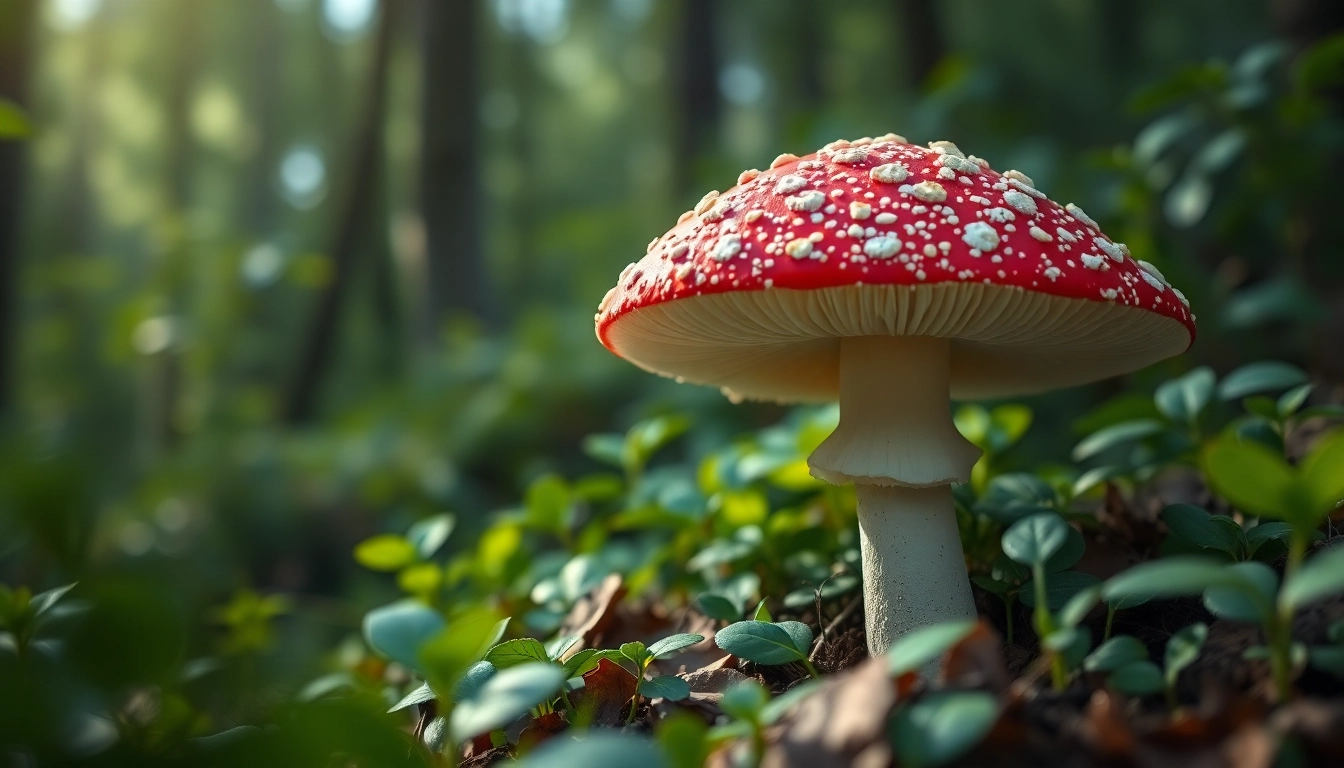 Amanita muscaria kaufen, close-up of the iconic red mushroom in a serene forest setting.
