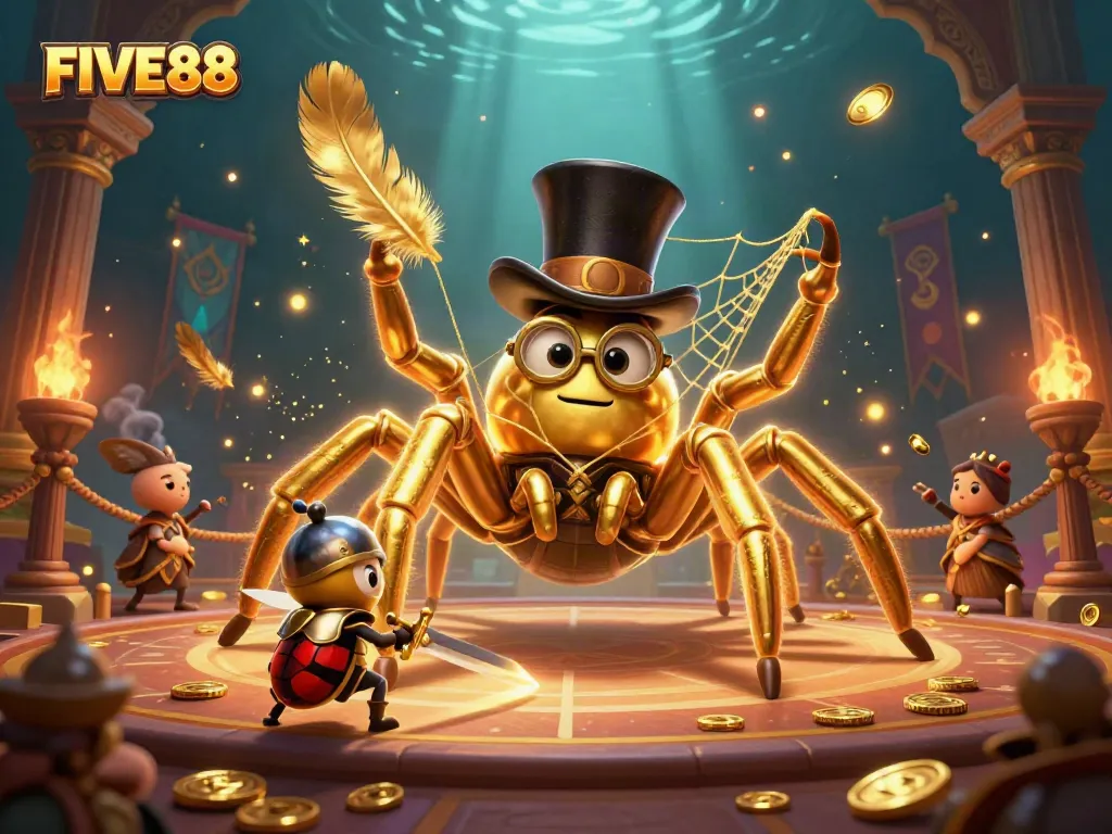 Engage with FIVE88 in a thrilling casino scene featuring a golden tarantula and knight amid glowing game elements.