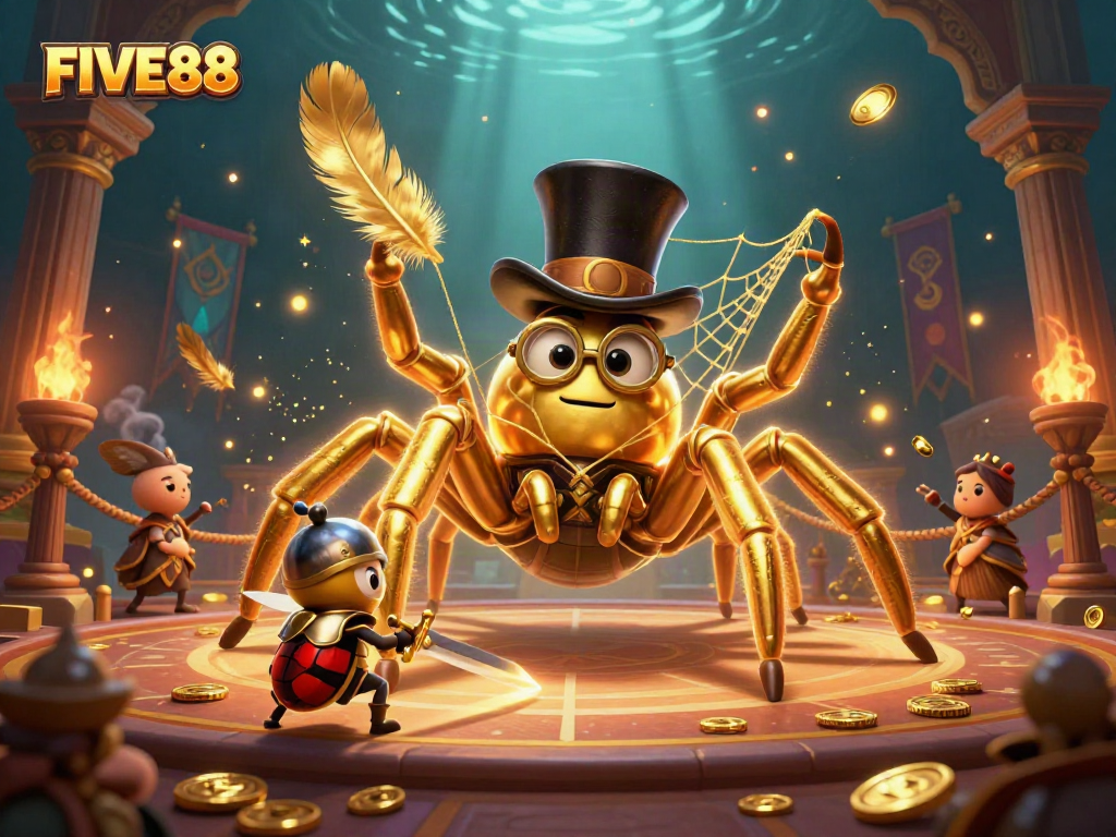Engage with FIVE88 in a thrilling casino scene featuring a golden tarantula and knight amid glowing game elements.