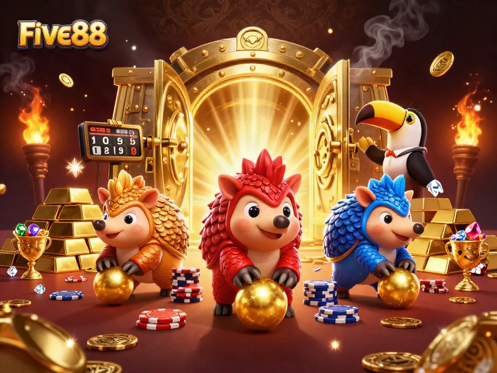 FIVE88 casino pangolins collide in a vibrant gambling scene with poker chips and treasures.