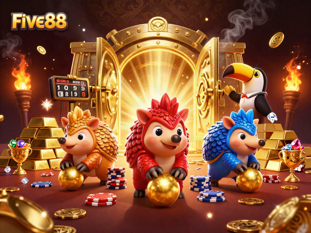 FIVE88 casino pangolins collide in a vibrant gambling scene with poker chips and treasures.