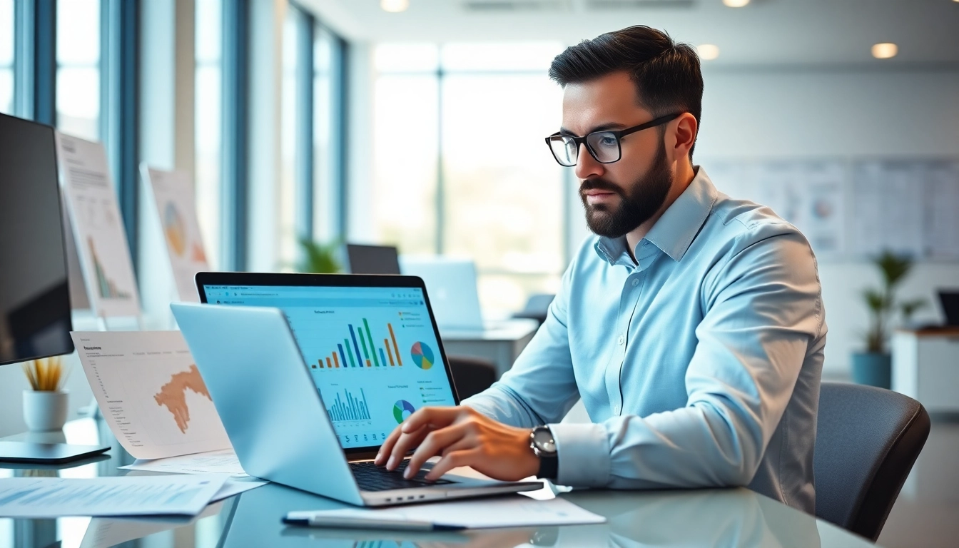Headhunter IT im modernen Büro, während er Lebensläufe analysiert.