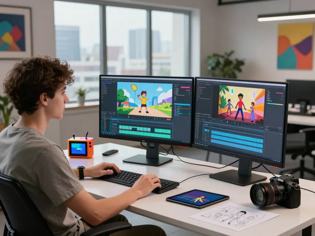 A vibrant digital content creation studio showcasing motion control AI technology with dual monitors and creative tools.