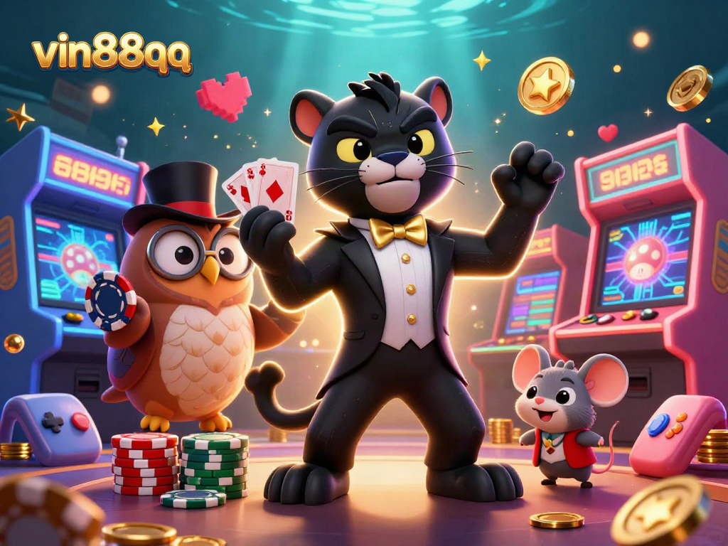 Experience thrilling gameplay at vin88qq, where a stylish panther deals cards while a clever owl holds poker chips, immersed in a vibrant casino.