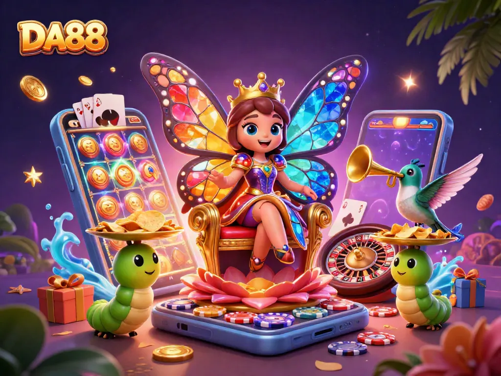 DA88 brings excitement with a vibrant scene featuring a butterfly queen and animated gaming elements.