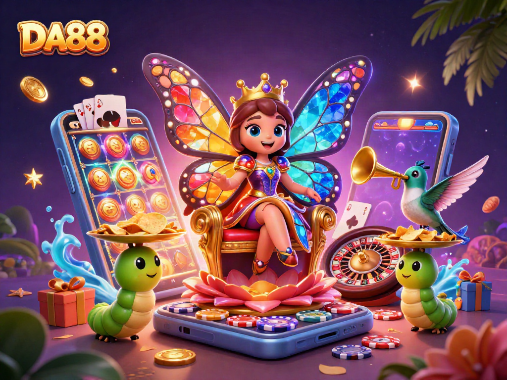DA88 brings excitement with a vibrant scene featuring a butterfly queen and animated gaming elements.