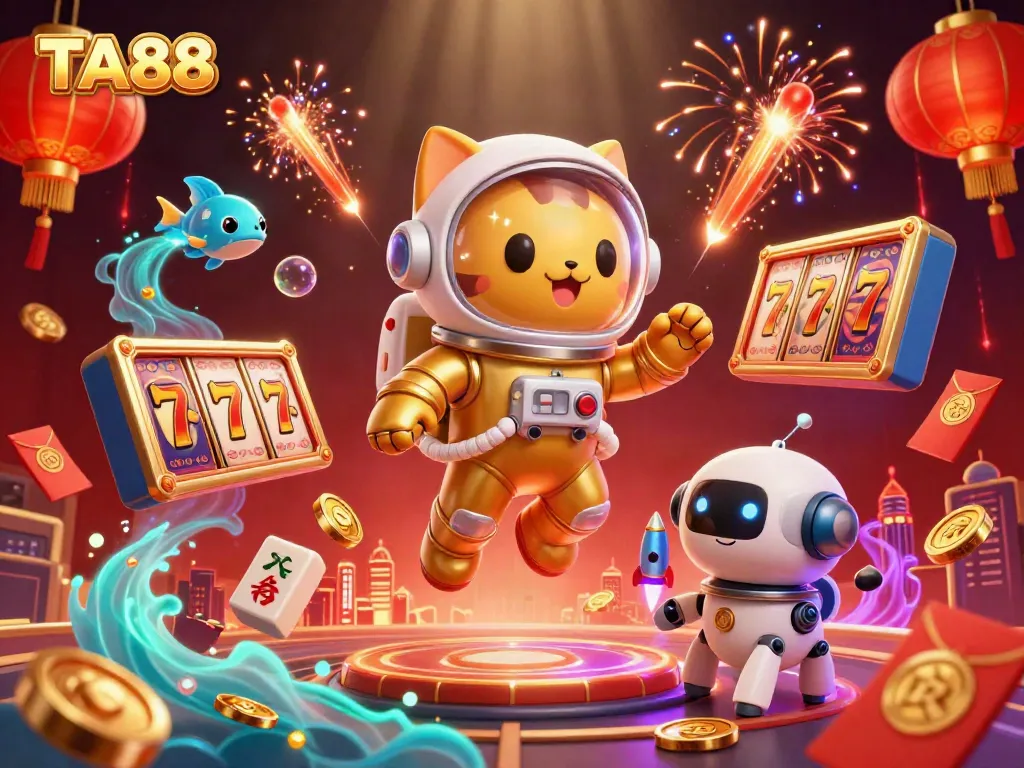 Experience big wins with TA88 in a lively 3D casino illustration showcasing vibrant characters and symbols.