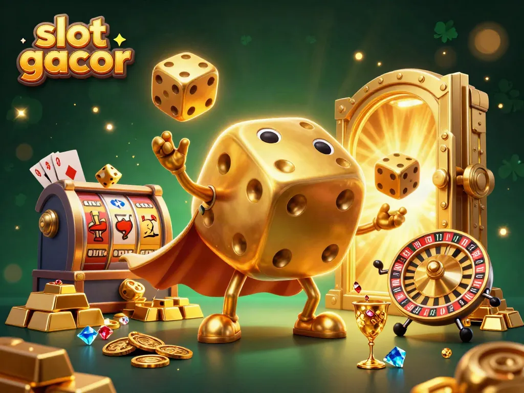 Experience the thrill of slot gacor with golden dice and slot reels in a dynamic 3D scene.